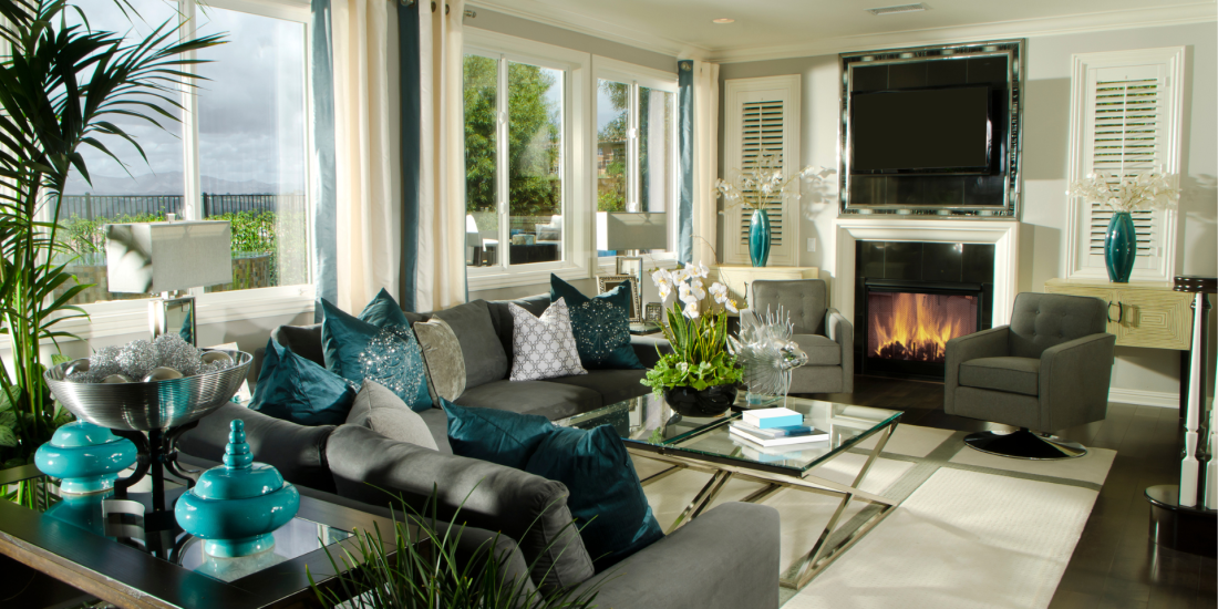 Gray and teal family room