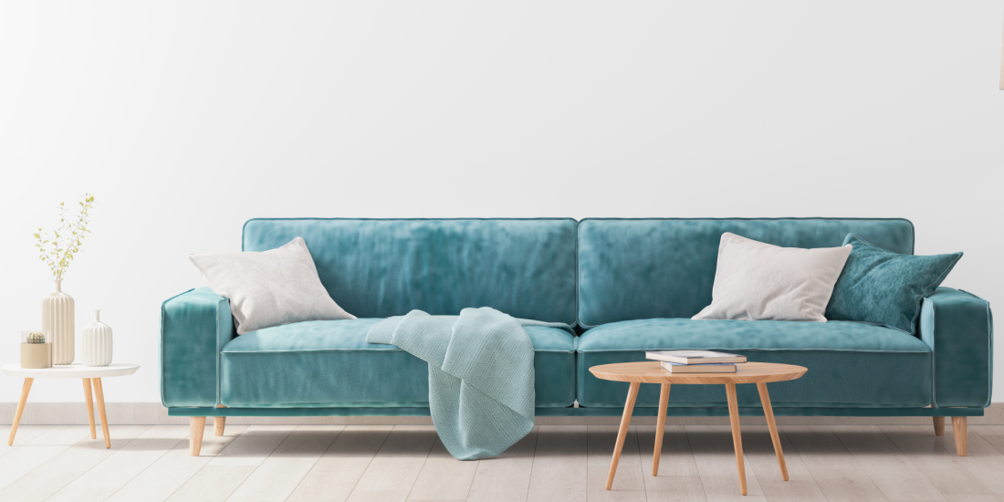 teal sofa in living room